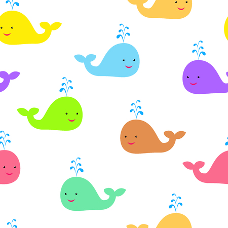 Seamless pattern with cute multi-colored colorful whales on a white background. Suitable for the design of products for children and design of children's rooms.のイラスト素材