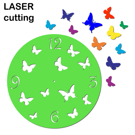Laser cut clock with butterflies for interior. Template laser cutting machine for wood and metal.のイラスト素材