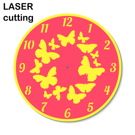Laser cut clock with butterflies for interior. Template laser cutting machine for wood and metal.のイラスト素材