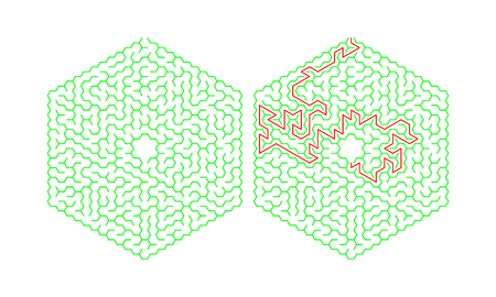 Hexagonal labyrinth with a solution. Color hexagonal maze. A useful puzzle game for children and adultsのイラスト素材