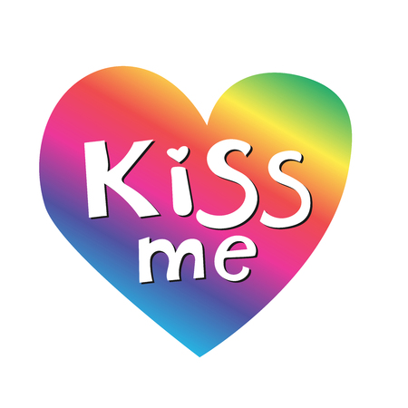 Kiss me phrase on rainbow heart. Hand lettering. Perfect for invitations, greeting cards, quotes, blogs, posters and more. T-shirt design. Love phrase with hearts. Gay symbol.のイラスト素材