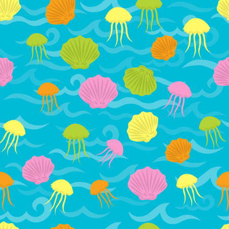 Seamless sea pattern in nautical-inspired design. Sea background with seashells, starfishes and jellyfishes. Blue ocean water wave. Vector seamless pattern with marine lifeのイラスト素材