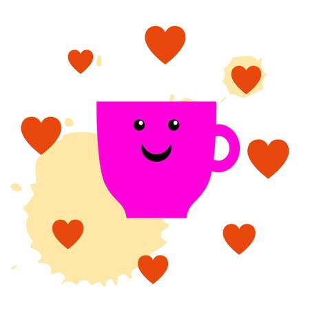 Coffee mug with smile and hearts vector. Morning coffee vector illustration. Tea cup with smile and heartsのイラスト素材