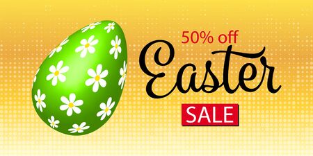 Easter sale banner layout design with green egg with flowers. Poster, card, label design. Special offer. Paper flyer sale. Colorful background vector. Decorative easter egg. Beautiful spring cardのイラスト素材