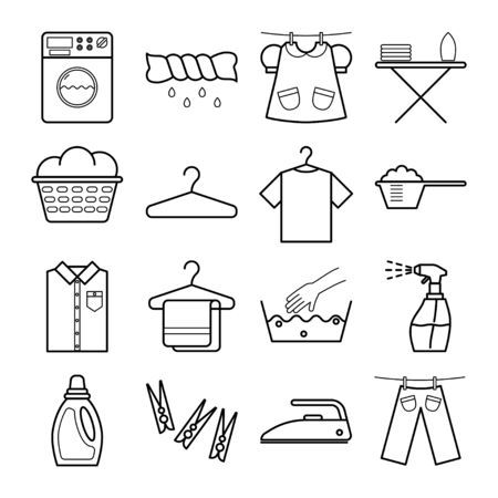 Set of icons with laundry service. Modern vector illustration. Clean dry cotton. Laundry detergent. Service vector icon.のイラスト素材