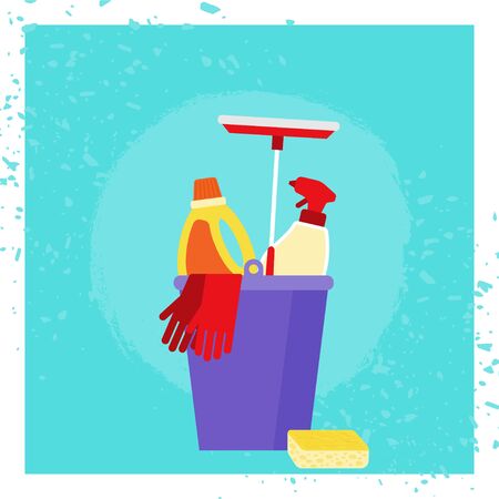 Colorful illustration with bucket and different household chemicals on light background. Modern flat colorful template on light backdrop. Household cleaning products. Cleaning service vectorのイラスト素材