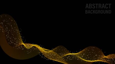 Abstract background with gold waves and glitter. Abstract digital gold gradient waves. Black background. Shiny golden moving sparkle design element with glitter effect. Vector decorative illustrationのイラスト素材