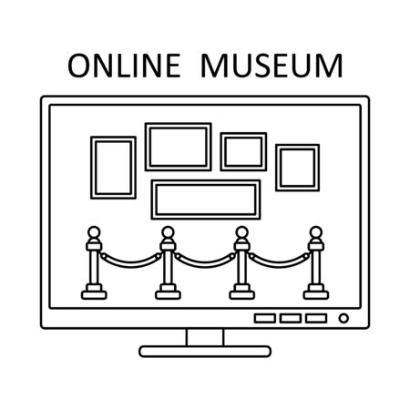 Online museum concept in line style. Museum gallery art sign icon. Outline vector illustration. Online tourism art concept. Technology icon vector design. Virtual interactive gallery excursionのイラスト素材