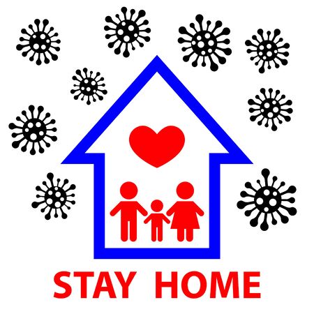 Stay home vector banner template. Icon of family in house. Stay home during the coronavirus epidemic. Family in self quarantine, protection from virus. Influenza pandemic. Health safety conceptのイラスト素材