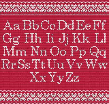 Knitted font on red background. Christmas knit alphabet on seamless pattern. Nordic Fair Isle knitting border. Sweater Christmas winter design. Handicraft letter for sweater, knitting norway textileのイラスト素材