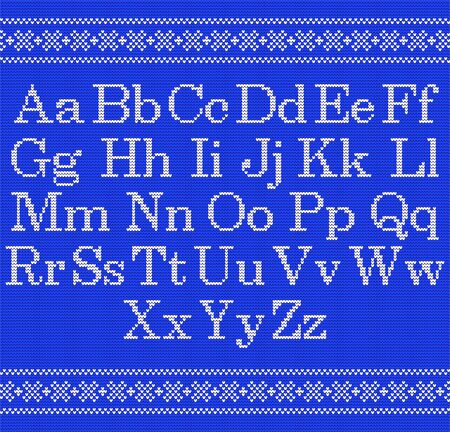 Knitted font on blue background. Christmas knit alphabet on seamless pattern. Nordic Fair Isle knitting border. Sweater Christmas winter design. Handicraft letter for sweater, knitting norway textileのイラスト素材