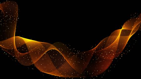 Abstract dark background with fire or gold curves. Light line gold swirl effect. Vector glitter light fire flare with sparkling particles on black background. Magic sparkle swirl magic effectのイラスト素材