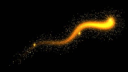 Golden abstract background with glitter waves. Vector golden sparkling comet tail on black background. Vector abstract shiny color sparkle wave design element with glitter effect on black backdropのイラスト素材