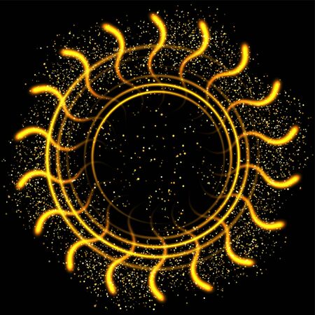 Vector abstract glitter ring fireworks with shiny color sparkle and gold stars on black background. Color golden glitter fireworks. Fire swirl golden ring for celebration on festive designのイラスト素材