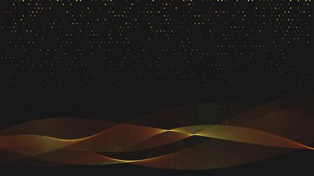 Abstract black background with golden light waves. Vector abstract shiny color gold waves design element on dark background. Vector illustration. Template luxury designのイラスト素材