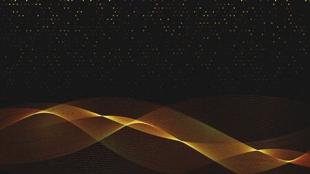 Abstract black background with golden light waves. Vector abstract shiny color gold waves design element on dark background. Vector illustration. Template luxury designのイラスト素材