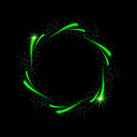 Green abstract neon round shape on black background. Glowing futuristic bright green frame. Simple electric light symbol for advertisement design project. Vector illustration. Light symbol energyのイラスト素材