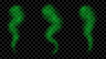 Realistic vector bad smell or stink cloud, green vapour. Bad smell. Clouds of farting, smoke or stench gases. Green stink cloud, smog, chemical vapor, stench spray isolated on transparent backgroundのイラスト素材