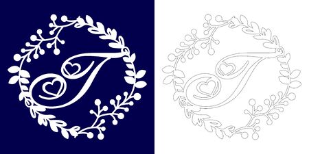 Vector wedding initial monogram for laser cutting. Letter T of the decorative monogram in a floral frame. The perfect gift for wedding day. Holiday decoration. Holiday frame, border. Vector templateのイラスト素材