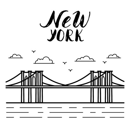 New York illustration with Brooklyn bridge modern calligraphy.のイラスト素材