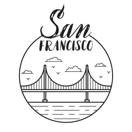 San Francisco illustration with modern lettering and Golden Gate bridge.のイラスト素材