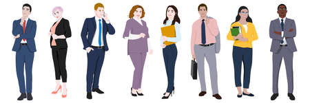 Multinational business team. Vector illustration of diverse cartoon men and women of various ethnicities, ages and body type in office outfits. Isolated on white.のイラスト素材