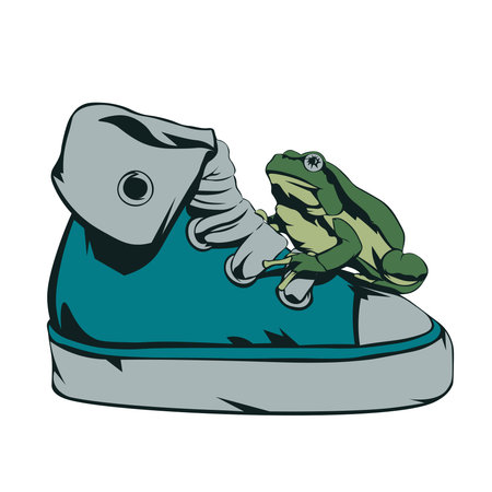 Frog on a sneaker illustration for a t-shirt. Vector illustration for a card or poster, print on clothes.のイラスト素材