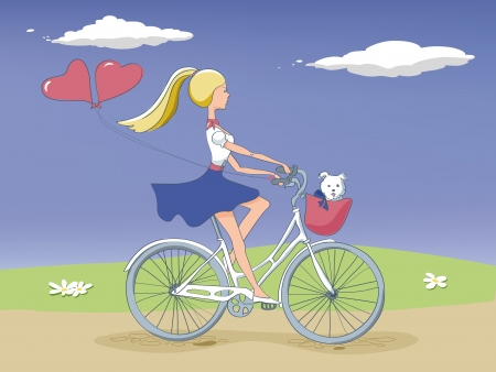 Girl on bike with a dogのイラスト素材