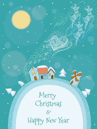 Christmas illustration of Santa and his reindeer flying above a snowy village  EPS 10  Transparency  Gradients  Feather のイラスト素材