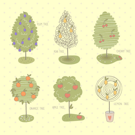 Collection of different doodle fruit trees  EPS 10  No transparency  No gradients のイラスト素材