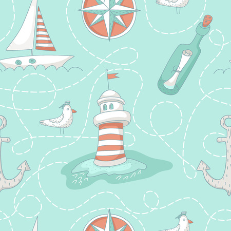 Nautical seamless pattern with a lighthouse, windrose, message bottle, yacht and anchor.  No transparency. No gradients.のイラスト素材