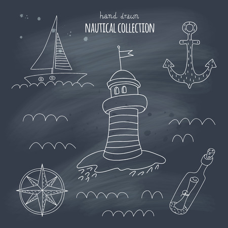 Nautical hand drawn set on a blackboard. EPS 10. No gradients. Transparency.のイラスト素材