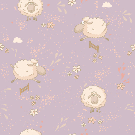 Seamless pattern with cute sheep in field. No trasparency. No gradients.のイラスト素材