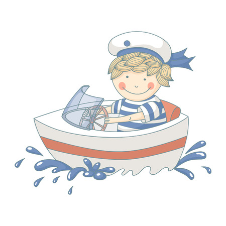 Cartoon of a little boy in a speed boat. EPS 10. Transparency. Gradients.のイラスト素材