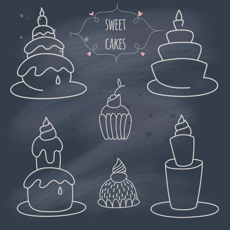 Set of cakes on blackboard. のイラスト素材