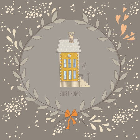 Sweet home illustration with a wreath and a very cute house. EPS 10. No gradients. No transparency.のイラスト素材