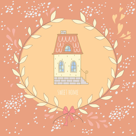 Sweet home illustration with a wreath and a very cute house. EPS 10. No gradients. No transparency.のイラスト素材