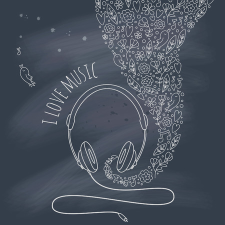 Illustration of a headphone with beautiful floral elements on blackboard. のイラスト素材