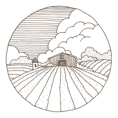 Hand drawn illustration of a farmstead and farmfields. のイラスト素材