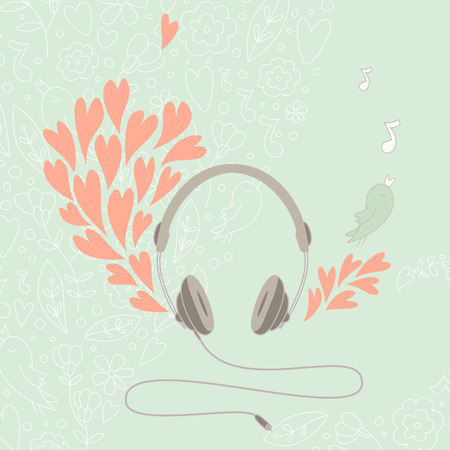 Illustration of a headphone with beautiful floral elements and hearts. のイラスト素材