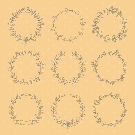 Set of 9 hand drawn wreaths のイラスト素材