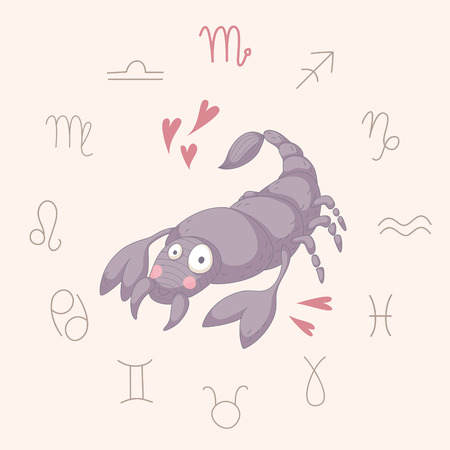 Cartoon illustration of the scorpion (Scorpio). Part of the set with horoscope zodiac signs. no transparency. No gradients.のイラスト素材