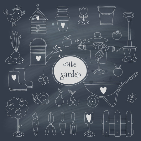 Hand drawn garden set on blackboard. EPS 10. Transparency. No gradients.のイラスト素材
