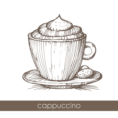 Hand drawn illustration of a cup of cappuccino. EPS 10. No transparency. No gradients.のイラスト素材