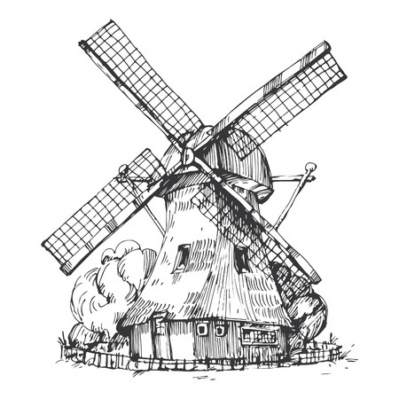 Hand drawn illustration of a mill. EPS 10. No transparency. No gradients.のイラスト素材
