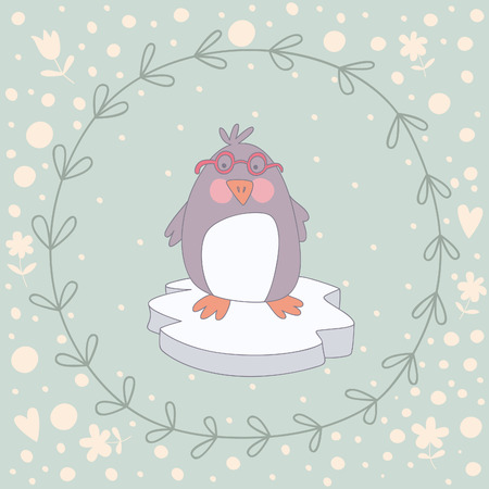 Cute Christmas greeting card with a pinguin in a wreath. EPS 10. No transparency.のイラスト素材