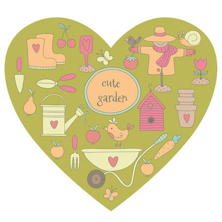 Hand drawn garden set in heart. EPS 10. No transparency. No gradients.のイラスト素材