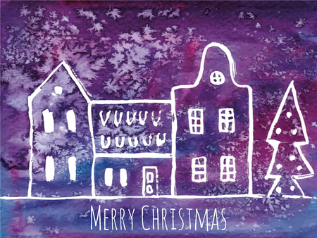 Watercolor Christmas greeting card with houses.  No transparency. No gradients. のイラスト素材