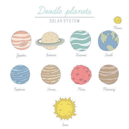 Doodle planets collection.  No transparency. No gradients.のイラスト素材