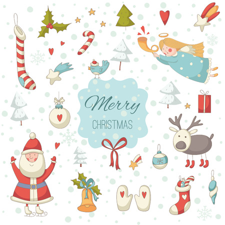 Cute colorful Christmas set with Santa Claus. EPS 10. Transparency. No gradients.のイラスト素材